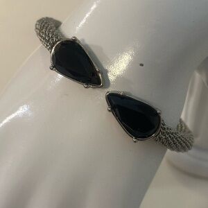 Vintage Silver Tone Woven Mesh Bypass Cuff Bracelet | Black Teardrop Stones